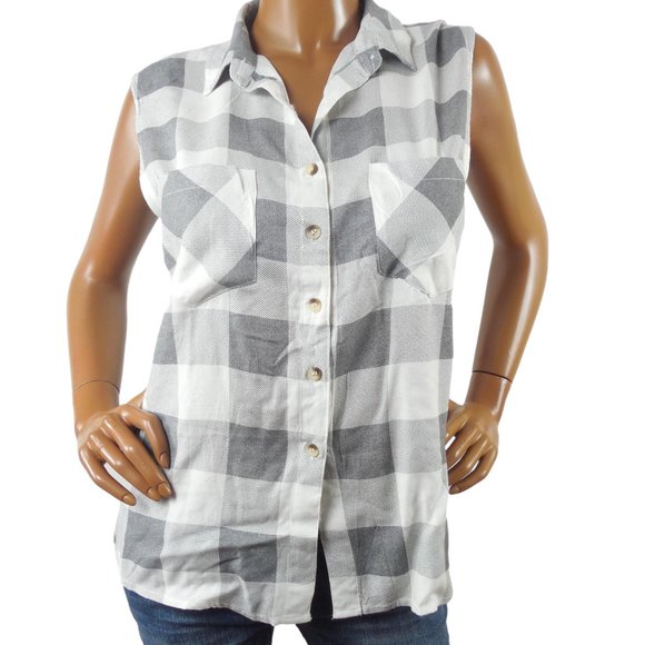 SIM & SAM Top XL New Casual Button Down Plaid Shirt Hi/Low Split Hem Gray/White - Picture 3 of 11